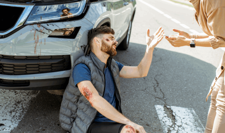 Injured man with visible scrapes sitting on the road in front of a car, holding his hand out to a concerned woman, representing a pedestrian accident in Connecticut