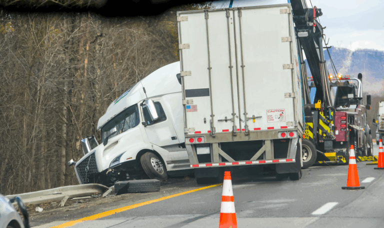 Semi-truck crashed into a guardrail on a Connecticut highway with tow truck on site – legal help for truck accident victims.
