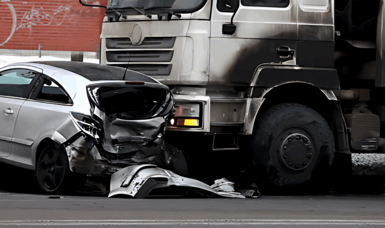 Crushed rear end of a silver car after a collision with a large semi-truck, showing the severity of truck accidents in Connecticut