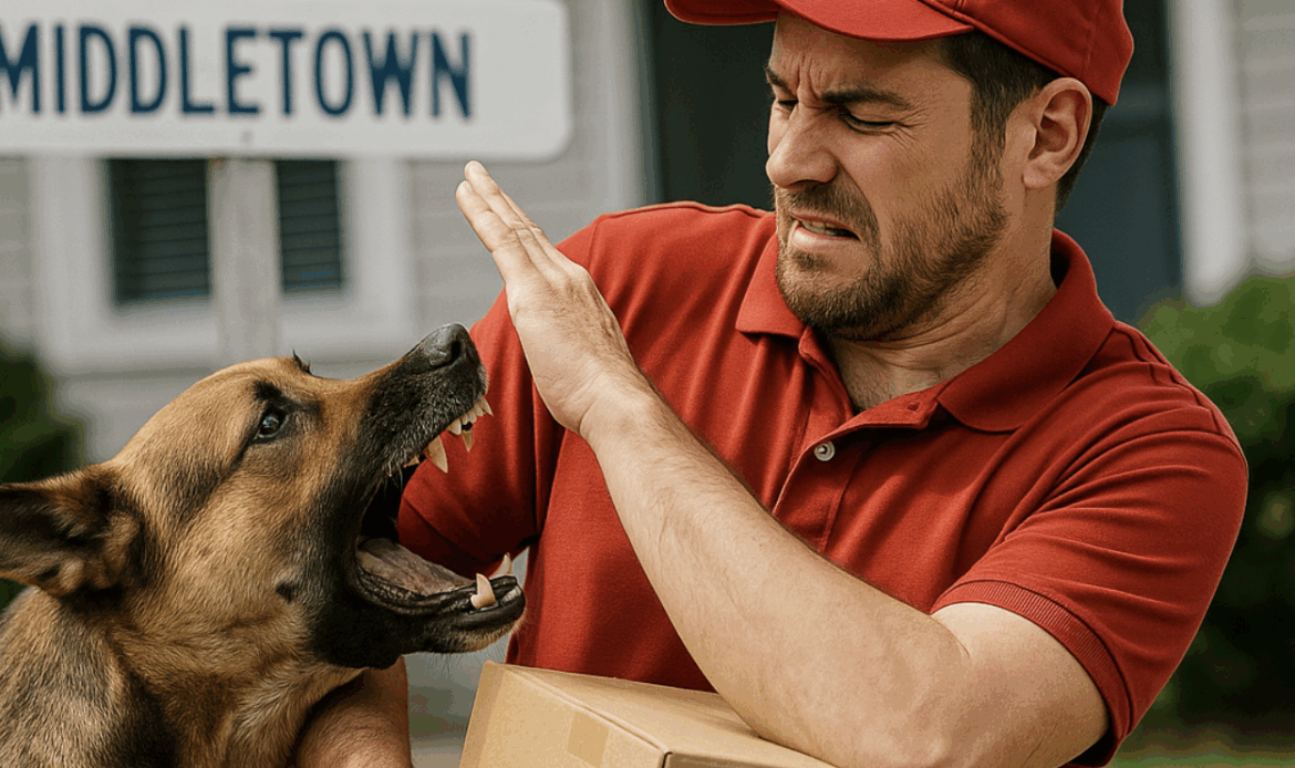 Middletown dog bite incident showing a delivery worker defending himself from an aggressive dog outside a suburban home, highlighting safety risks.