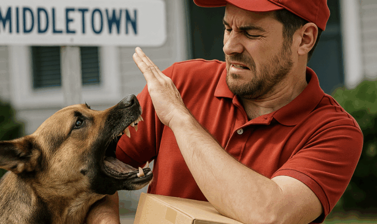 Middletown dog bite incident showing a delivery worker defending himself from an aggressive dog outside a suburban home, highlighting safety risks.