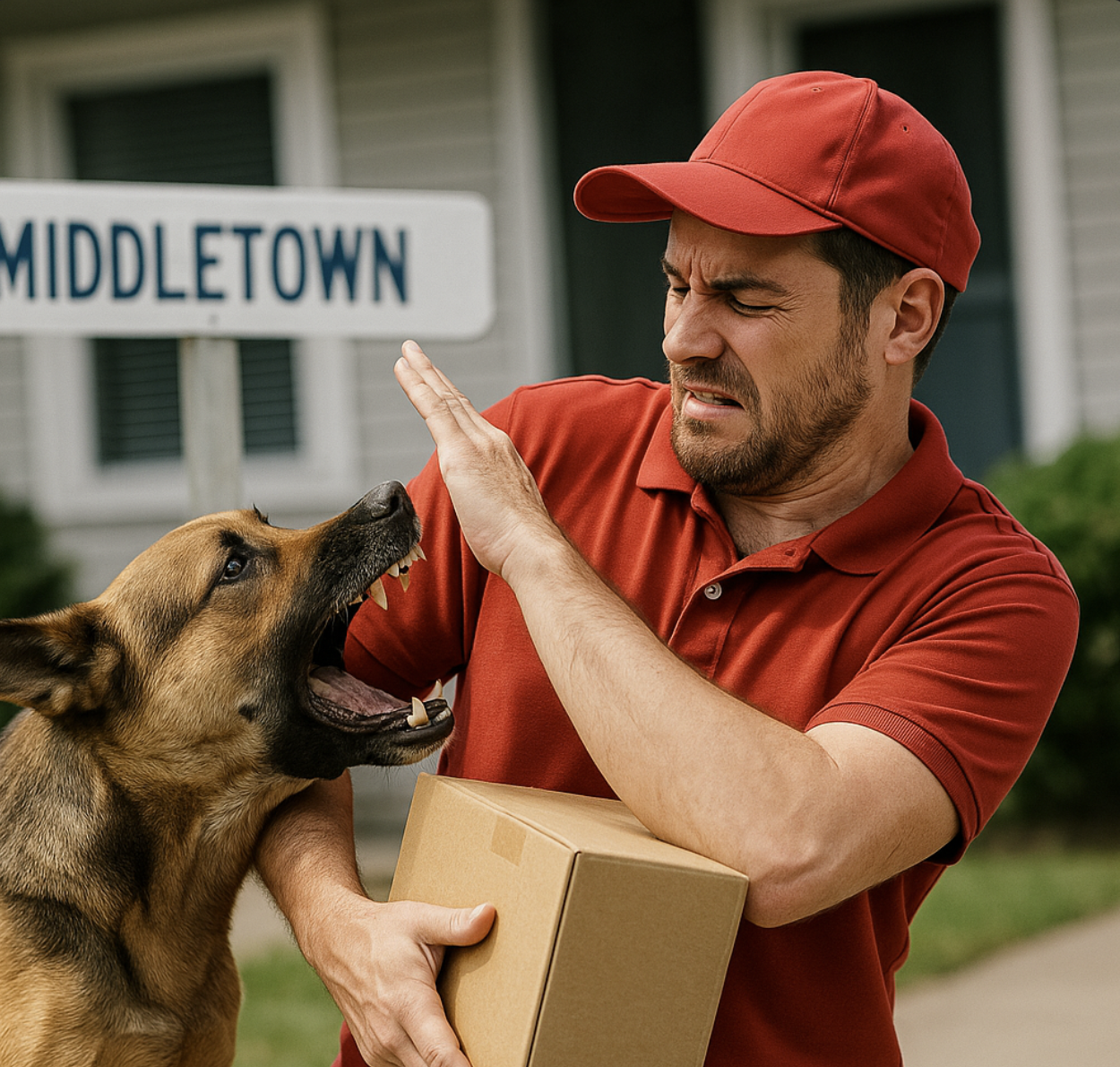 Middletown dog bite incident showing a delivery worker defending himself from an aggressive dog outside a suburban home, highlighting safety risks.
