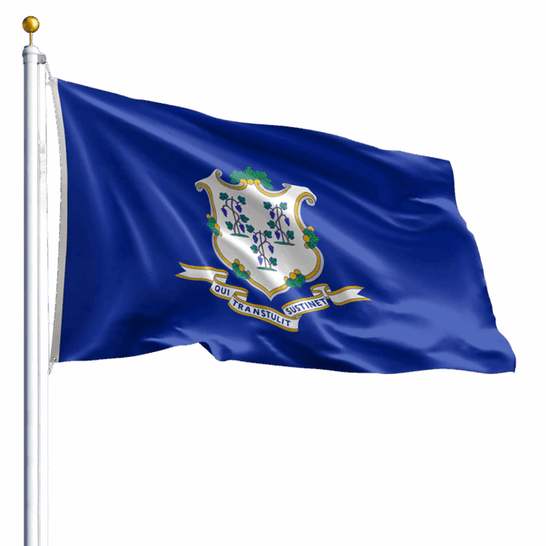 Connecticut state flag flying on a pole with blue background and state seal featuring grapevines and the motto Qui Transtulit Sustinet.